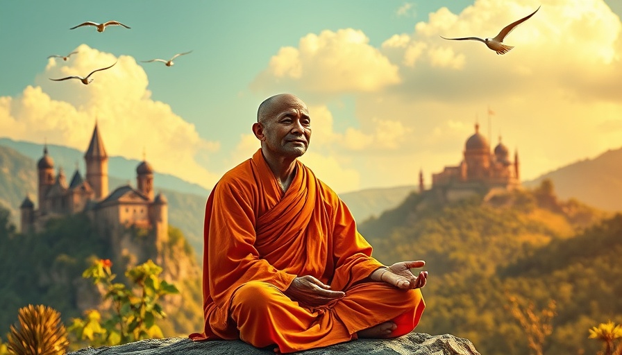 Monk meditating, serene landscape with golden sunlight, financial wellness.