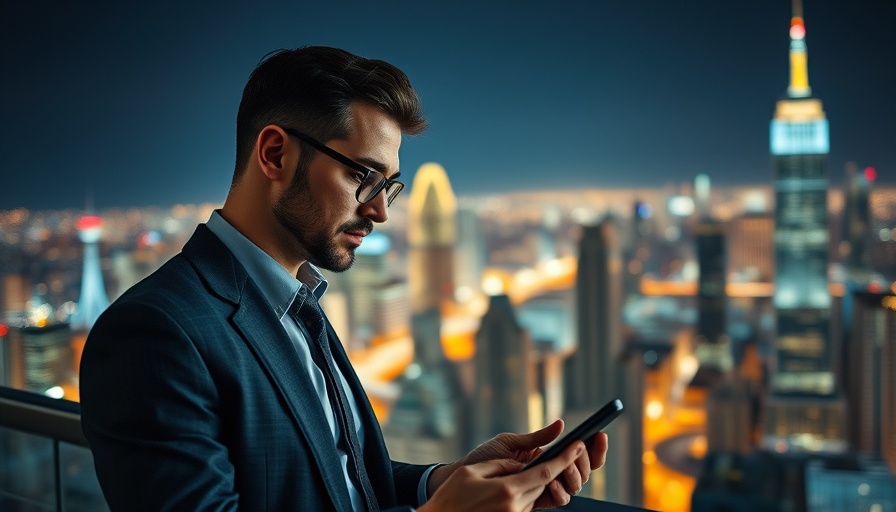 Business professional using tablet for retirement planning against city backdrop.