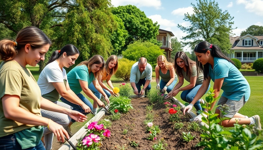 Volunteers planting flowers for home improvement community project.
