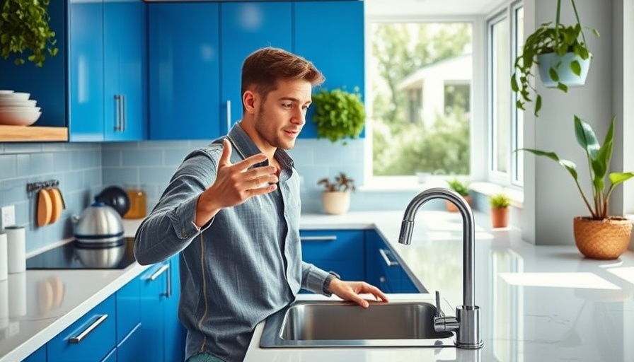 Young man in a modern kitchen demonstrates a multitasking kitchen sink.