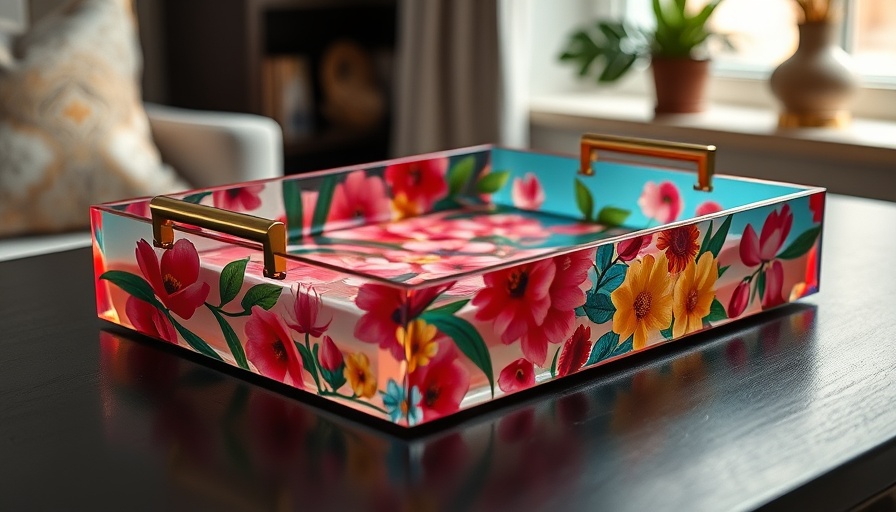 DIY decorative tray with floral wallpaper and resin, featuring gold handles.