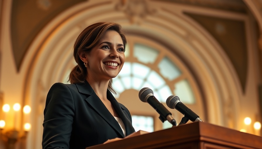 Smiling woman at podium discussing UK public borrowing.