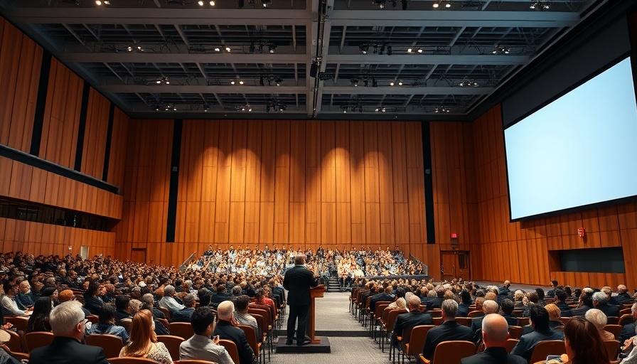 UN assembly hall with speaker and large screen projection, symbolizing a power vacuum.