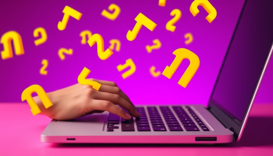 Hands typing on laptop with floating yellow commas on purple gradient, highlighting grammar in business communication.