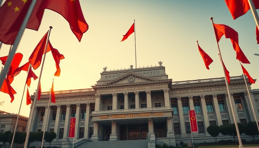 Chinese government building with red flags symbolizing authority.