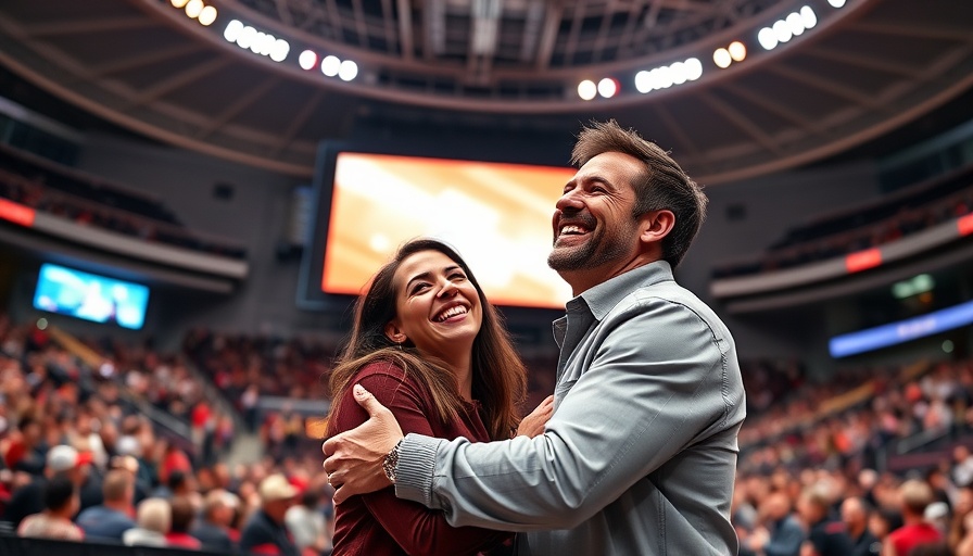 Joyful couple embracing on screen at event, Startup Spotlights.