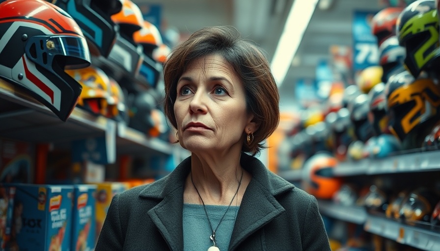 Thoughtful woman shopping in toy aisle, consumer spending trends.