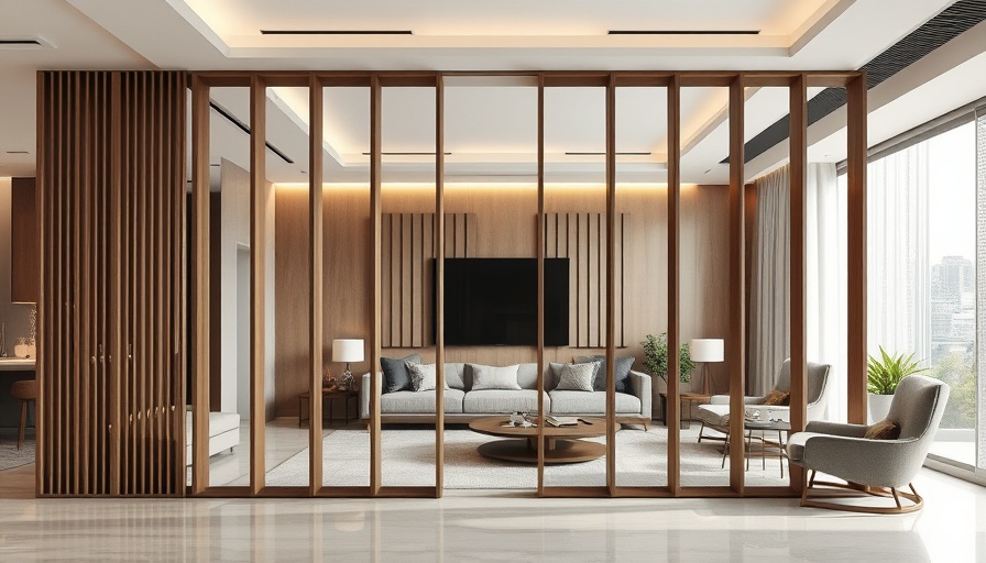 Contemporary living room with modern room divider ideas, neutral tones.