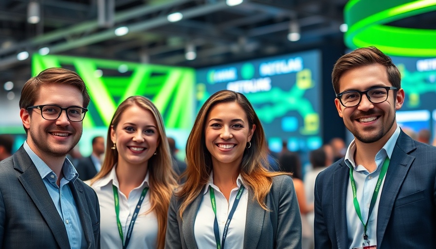 Smiling business professionals at tech conference promoting business startup funding.
