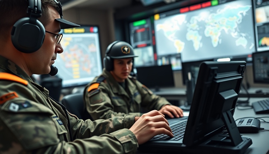 Military personnel managing logistics technology on rugged laptop