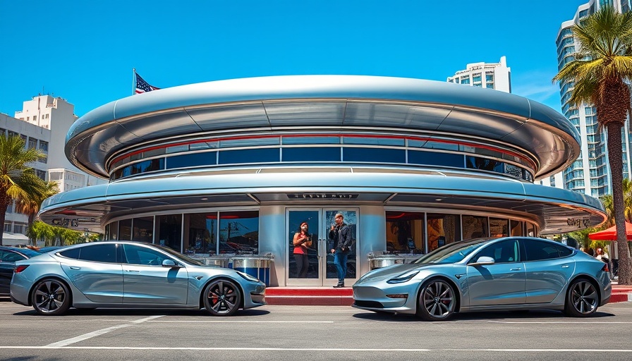 Futuristic Tesla diner with cars at opening event.