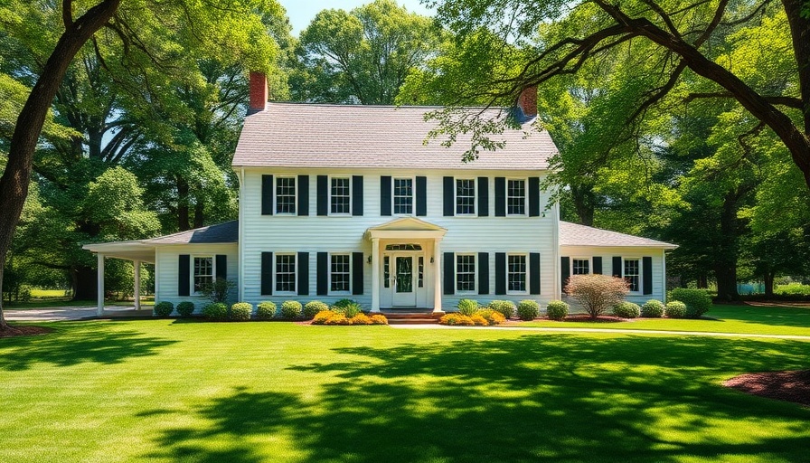 Colonial-style house with manicured lawn and trees in bright daylight.