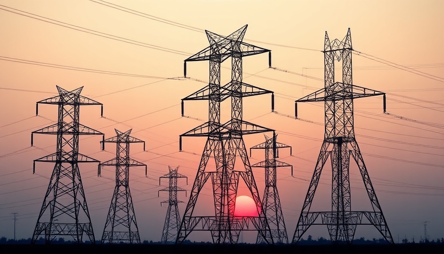 Electrical towers silhouetted against sunset sky symbolizing renewable energy.