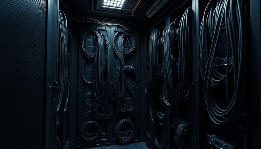 Industrial server rack with cables in a dark setting, representing sustainable energy demand and coal revival.