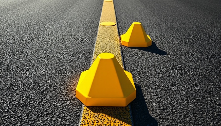 Yellow tags on road surface, contrasting with asphalt.