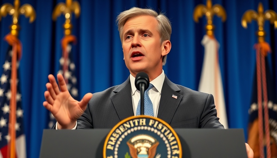 Authoritative figure discussing US-Japan trade deal at podium.