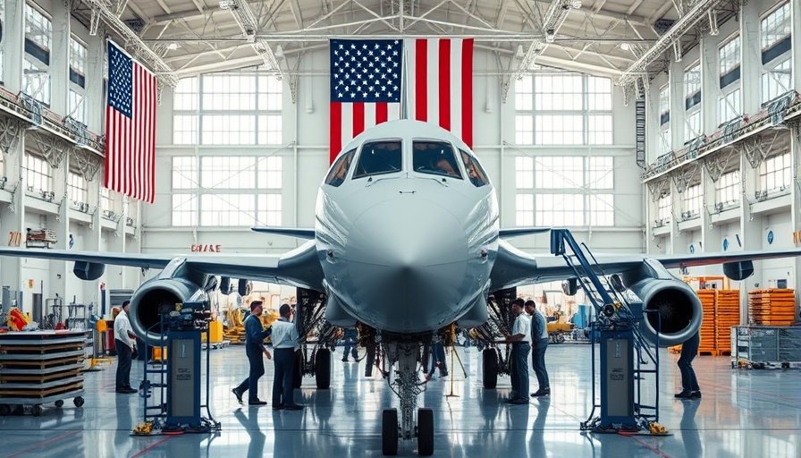 Aircraft assembly line with engineers, American flag overhead, trade reprisals against US.
