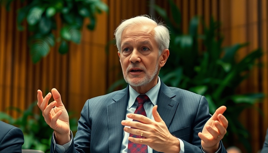 Distinguished older man speaking at a conference with lush background.