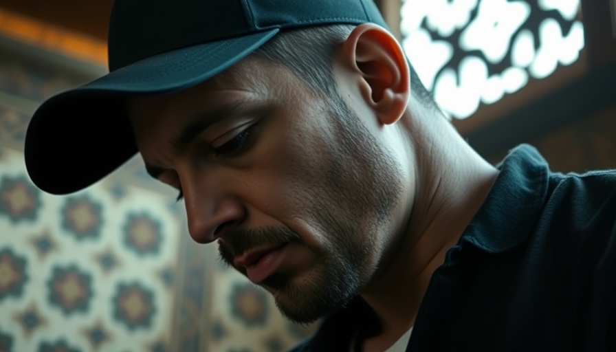 Man with black cap looking contemplative against patterned background.