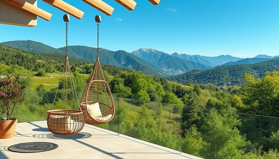 Eco-friendly patio with hanging chairs exemplifying sustainability in business.