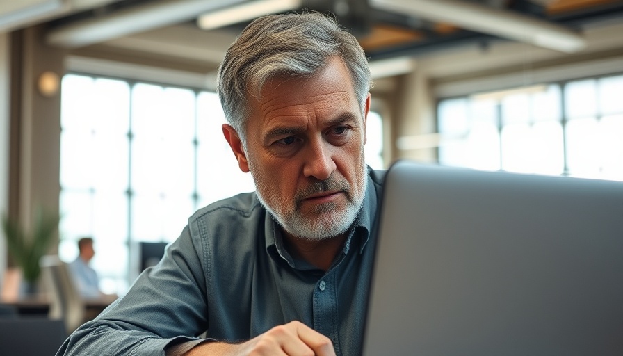 Older man concerned about Gen X unemployment rates on laptop in office.