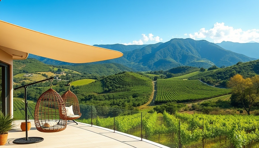 Modern terrace with a view of vineyards, highlighting sustainability in the wine market.
