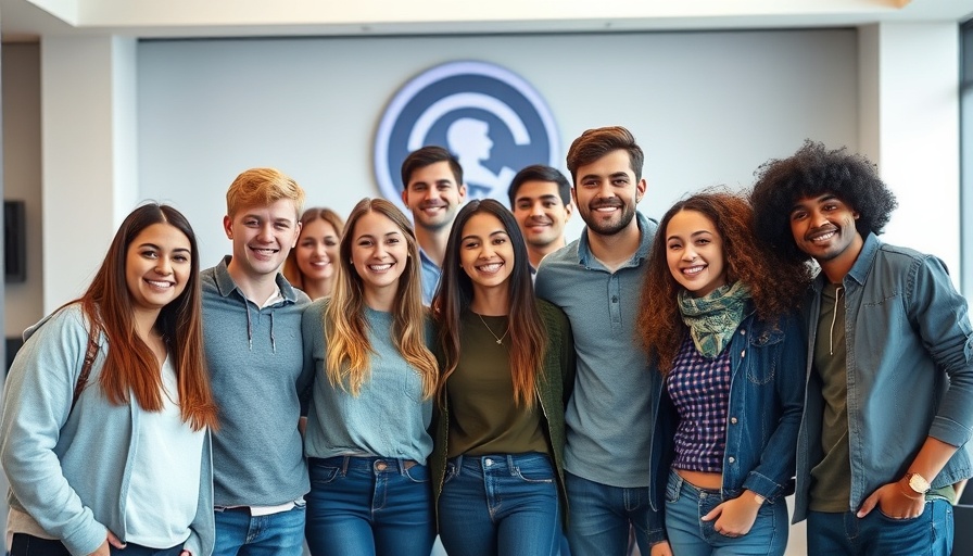 Diverse team in fintech poses in front of logo.