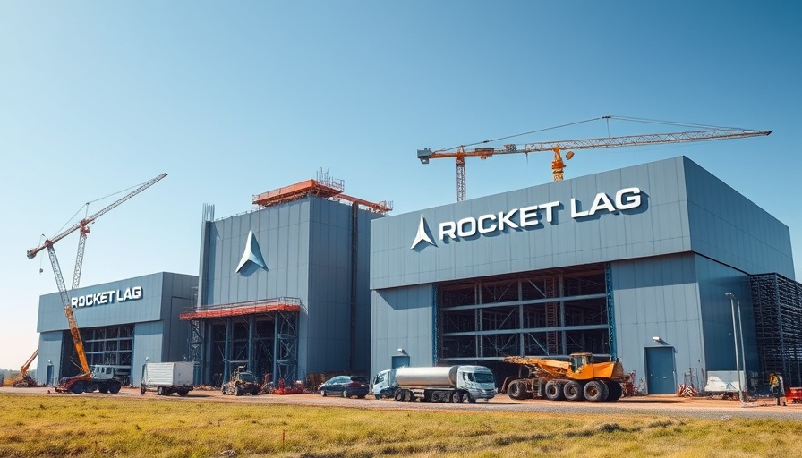 Rocket Lab Neutron facility construction site with vehicles and equipment.