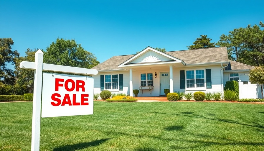 Single-story home with 'for sale' sign, green lawn, blue sky.