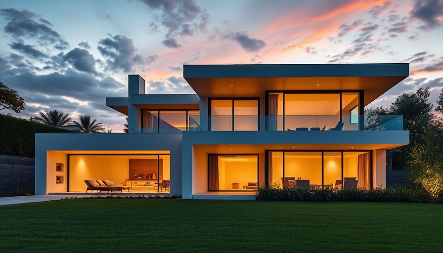 Modern luxury house with sleek architecture at sunset.