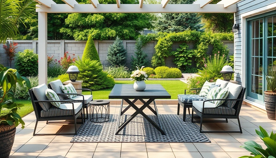 Modern backyard garden with patio dining setup, lush greenery.