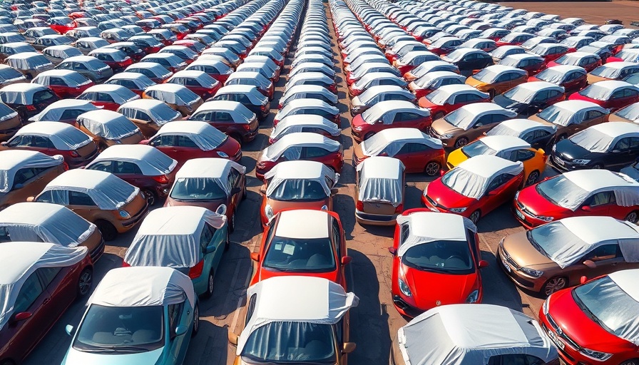 US EU 15% tariff deal: Numerous new cars in a parking lot covered with protective wraps.
