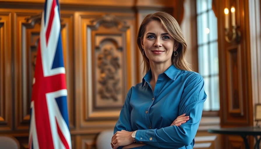 Portrait of a confident woman beside a Union Jack flag in a stately room.