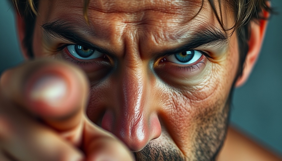 Intense close-up of man pointing, with a focused expression.