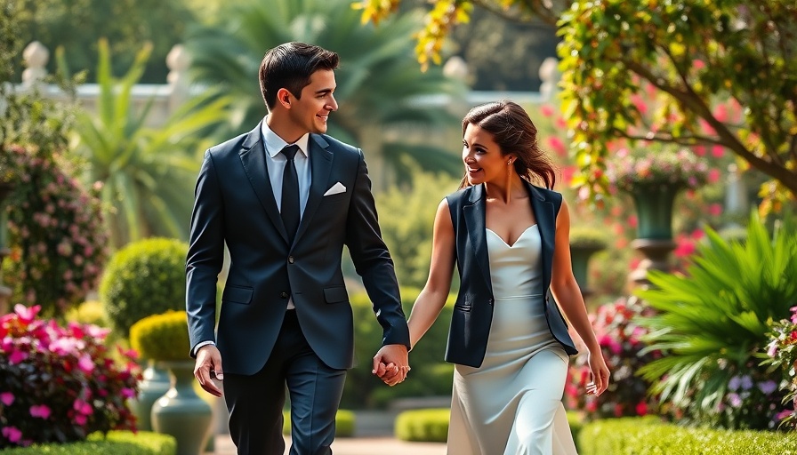Elegant couple walking in a lush garden, holding hands.