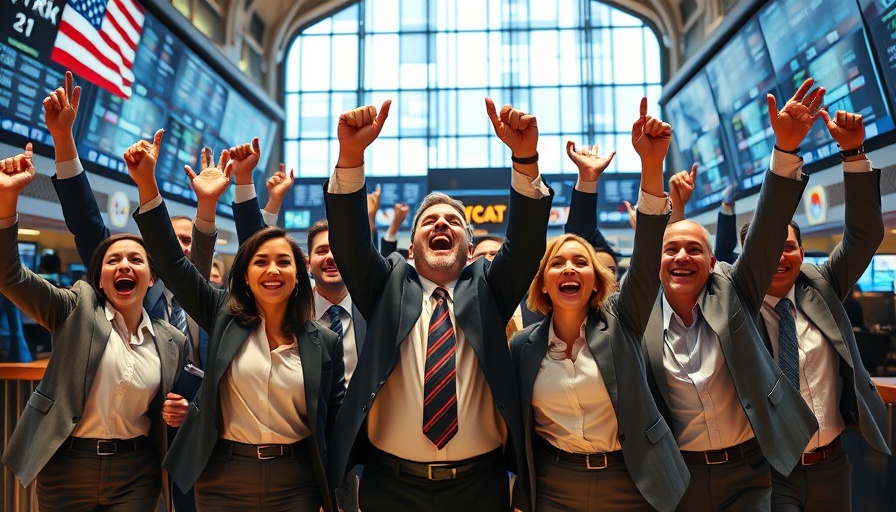 Business professionals celebrating at the stock exchange amidst Verizon patent infringement case.