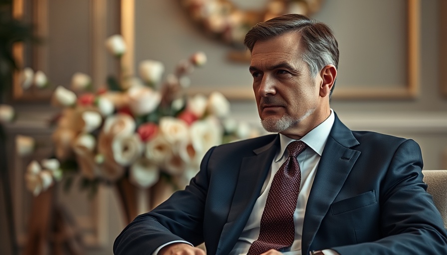 Distinguished man seated with thoughtful expression, elegant setting with flowers.