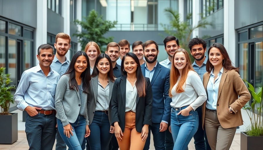 Diverse young team in a casual office courtyard setting, showcasing business startup trends.