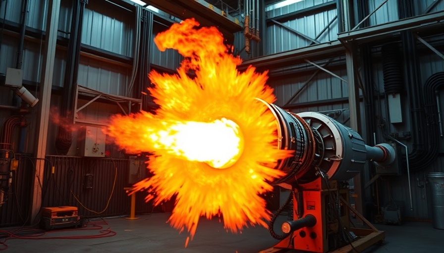 Rocket engine test in industrial setting showcasing vibrant flames, linked to startup innovation.