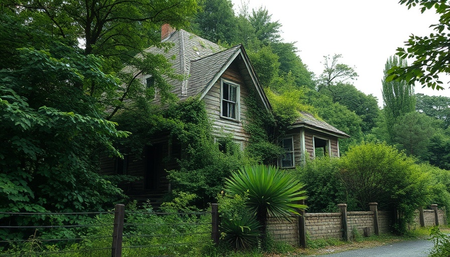 Abandoned house with overgrown foliage, capturing a rustic charm.