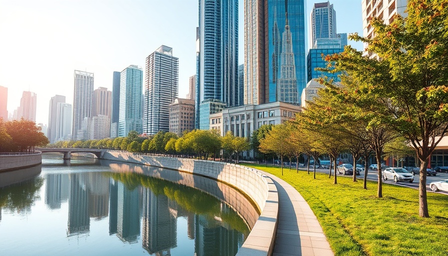 Urban cityscape with skyscrapers and river, vibrant day.