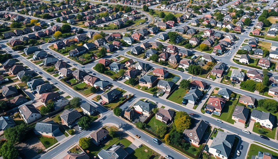 Aerial view of suburban homes for sale with clear sky.