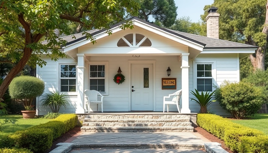 Charming white bungalow surrounded by greenery, real estate.