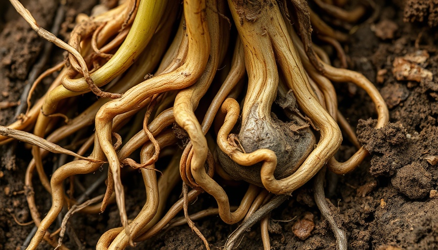 Close-up of roots showing false root-knot nematode damage.