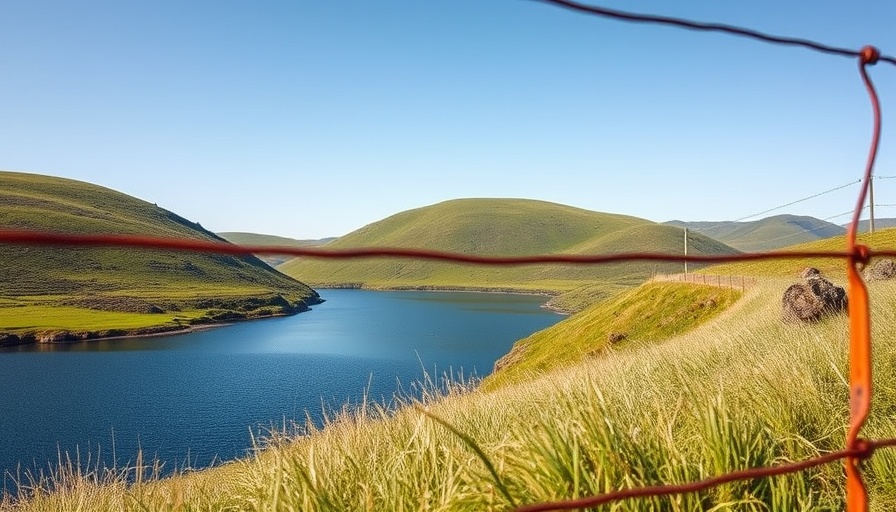 Nicasio Reservoir and grassy hills with a rusty fence in foreground