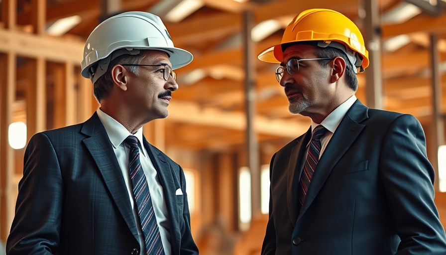 Two men discussing at a construction site wearing suits and helmets, related to Trump and Powell Economic Policy.