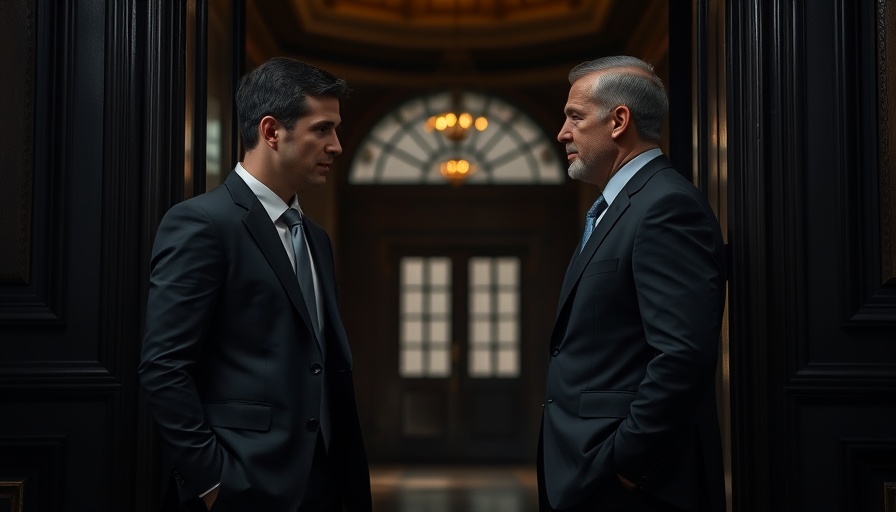 Two men in conversation at a doorway.