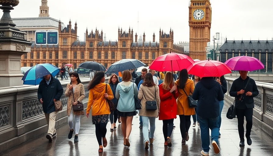 People with umbrellas on rainy Westminster Bridge near Big Ben.