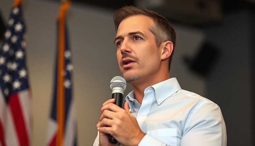 Person speaking at event about college education, American flag backdrop.