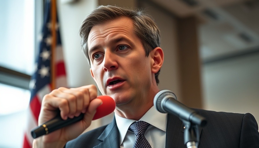 Businessperson addressing audience, firm microphone grip.